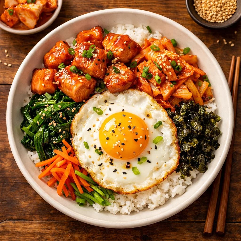Savory Korean Egg and Salmon Rice Bowl recipe