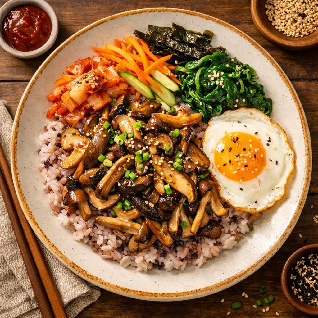 Savory Korean Mushroom Rice Bowl recipe