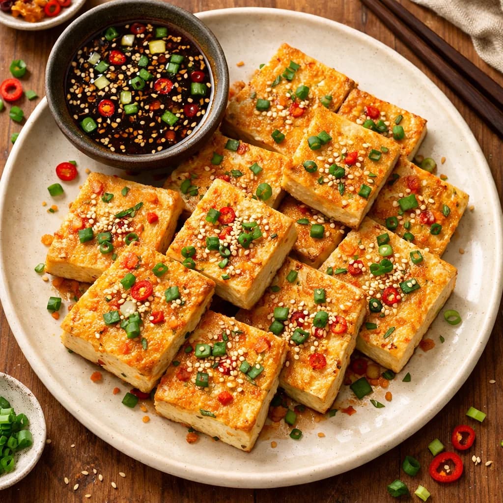 Savory Korean Tofu Pancakes with Soy Dipping Sauce recipe