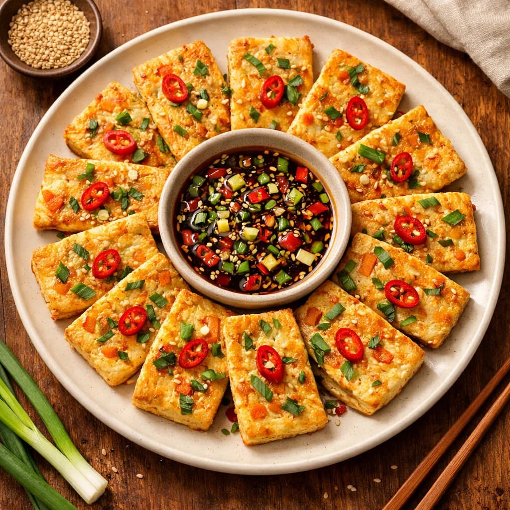 Savory Korean Tofu Pancakes with Spicy Soy Dipping Sauce recipe