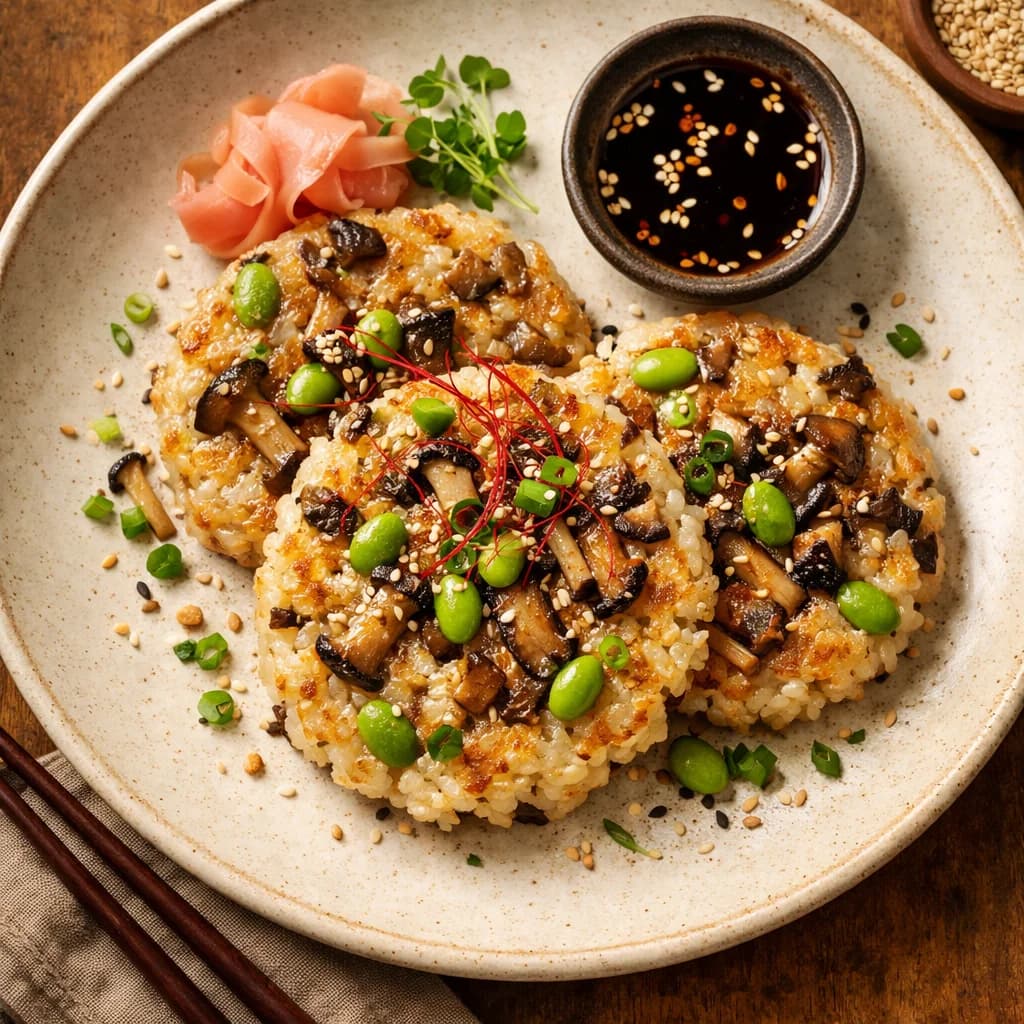Savory Mushroom and Edamame Rice Pancakes recipe