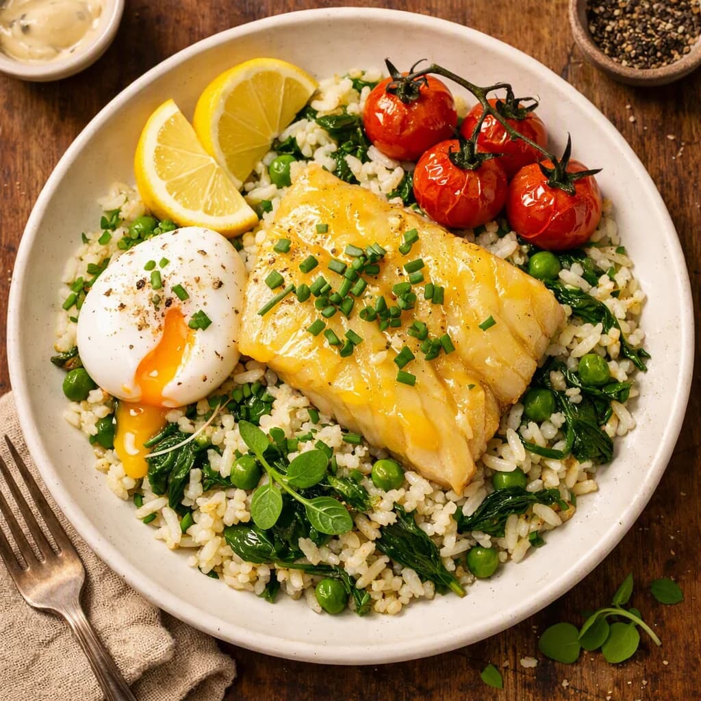 Savory Smoked Haddock and Herb Rice Bowl recipe