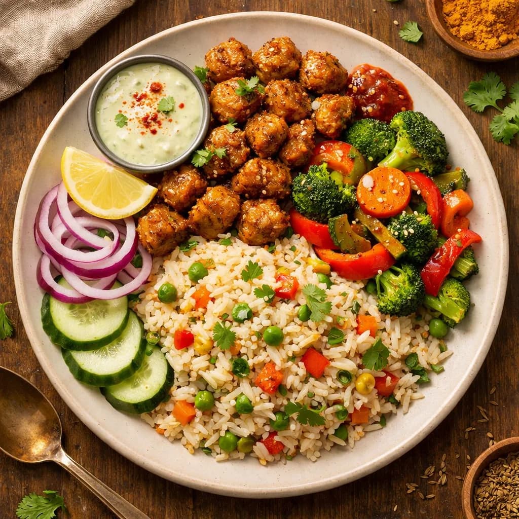 Savory Soy Chunk and Veggie Rice Bowl recipe