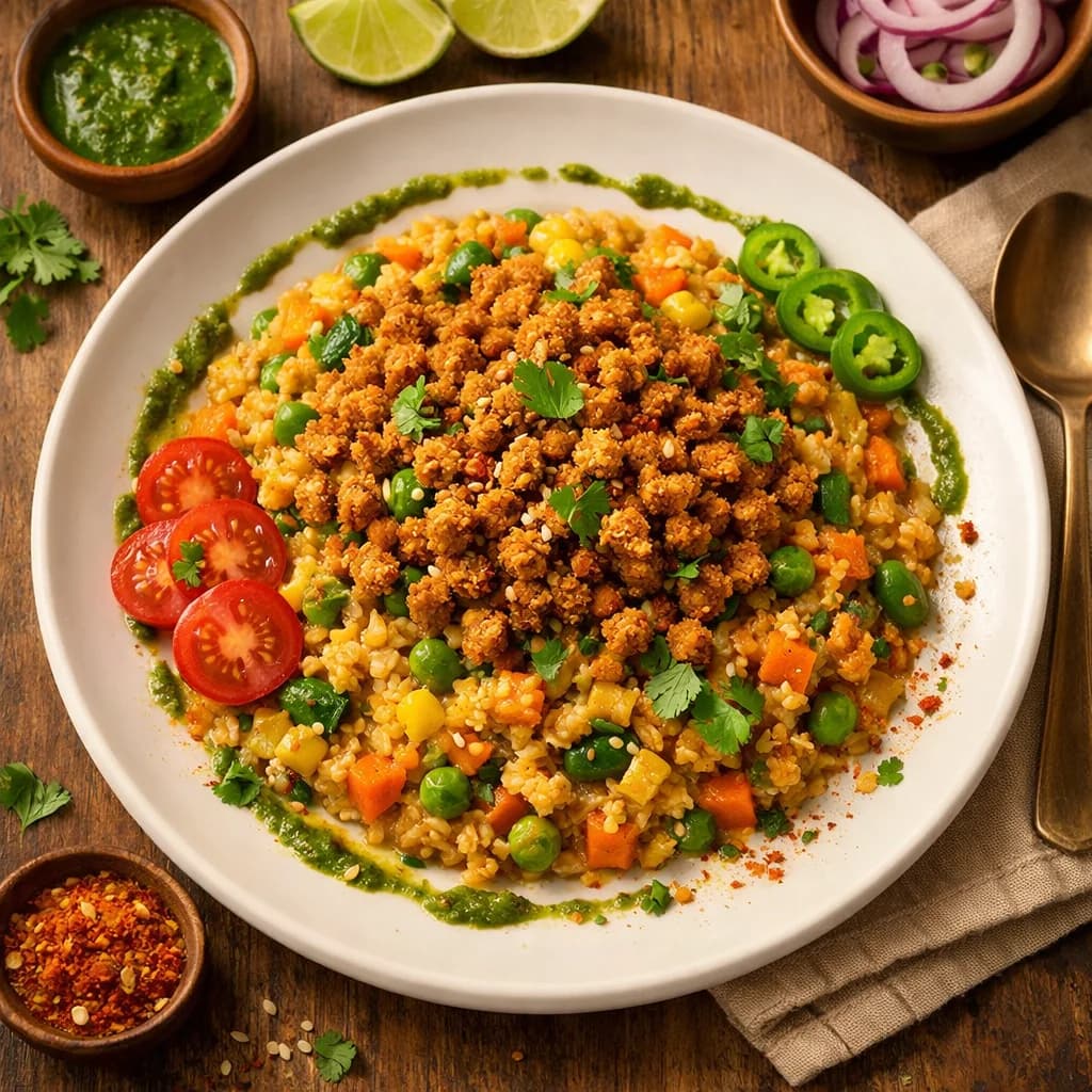 Savory Spiced Vegetable Oats with Soy Crumbles recipe