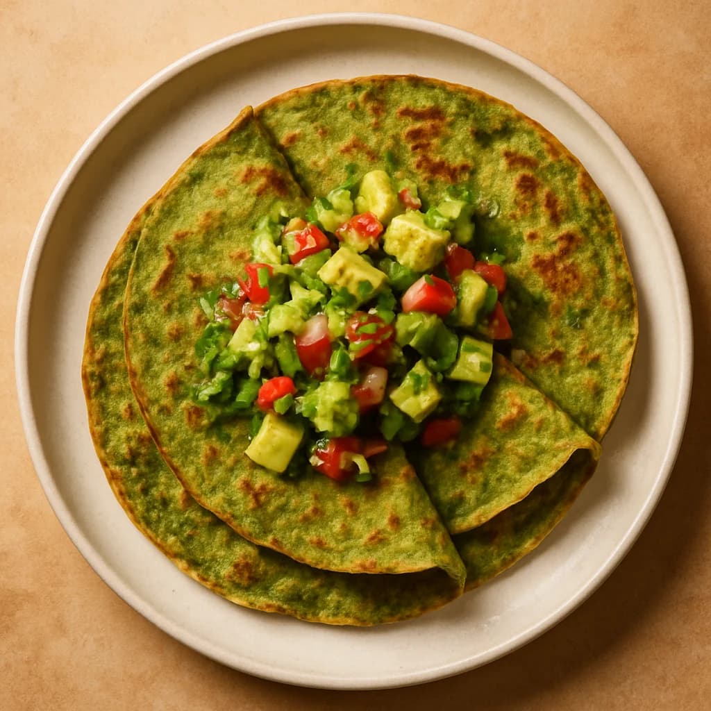 Savory Spinach Oat Flour Crepes with Tangy Avocado Salsa recipe