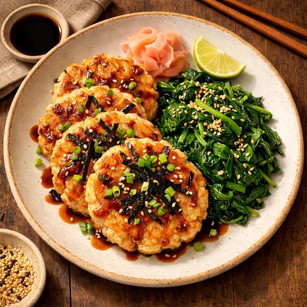 Savory Tofu Rice Pancakes with Sesame Spinach recipe