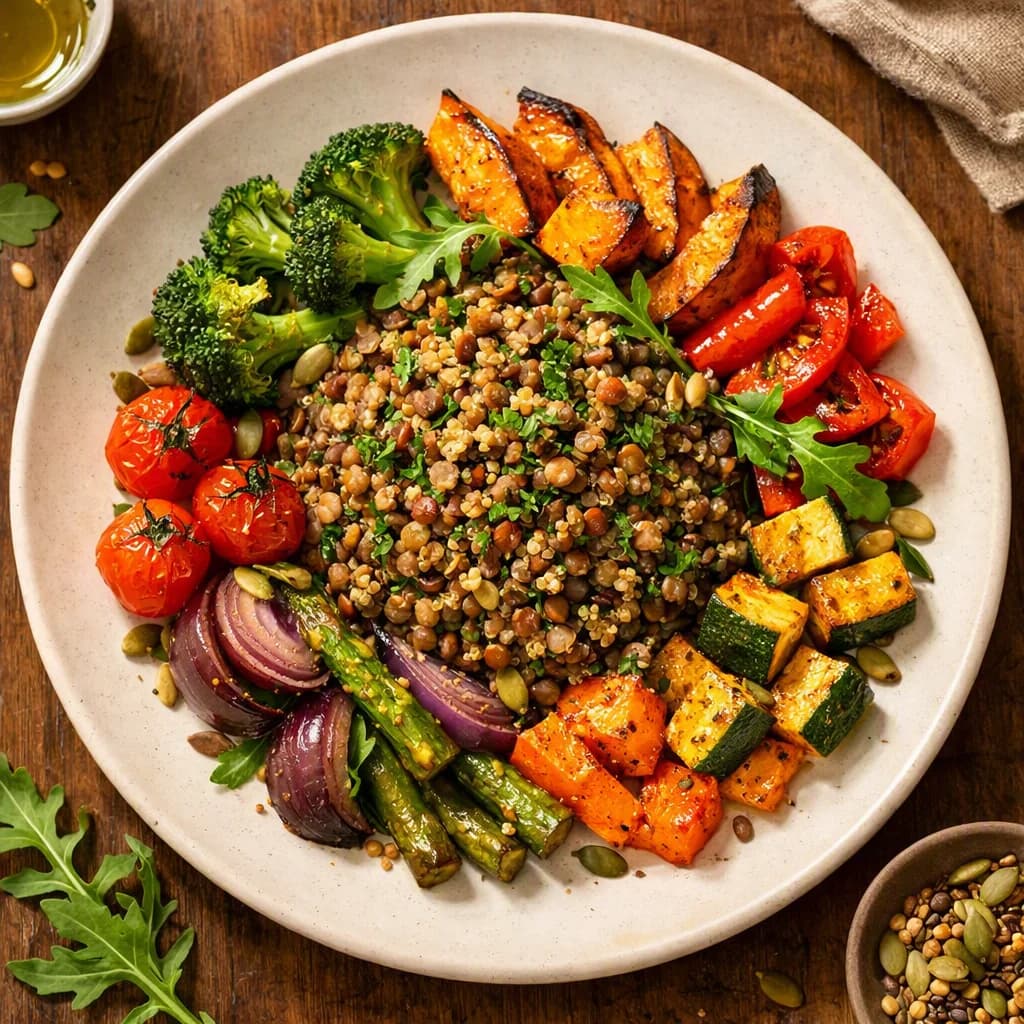 Savoury Lentil and Quinoa Salad with Roasted Vegetables recipe