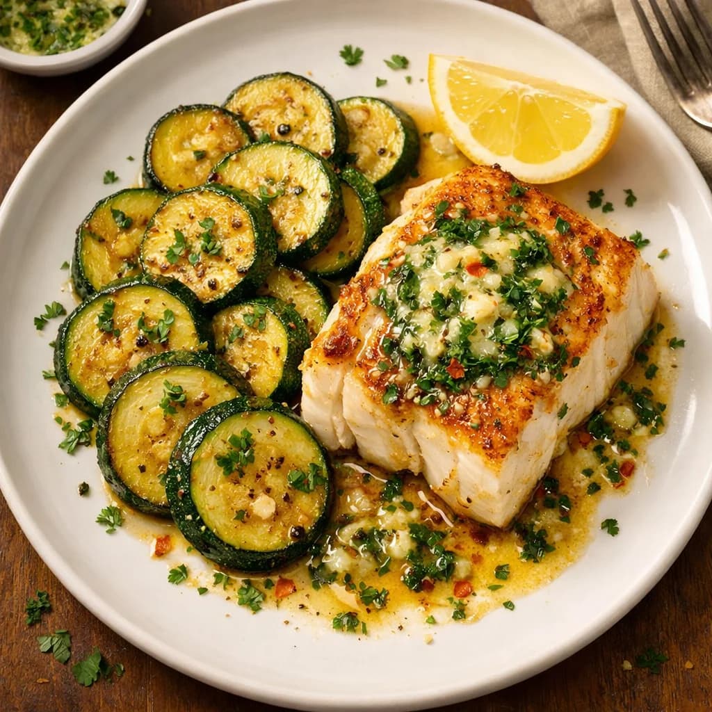 Seared Cod with Garlic Herb Butter and Sautéed Zucchini recipe