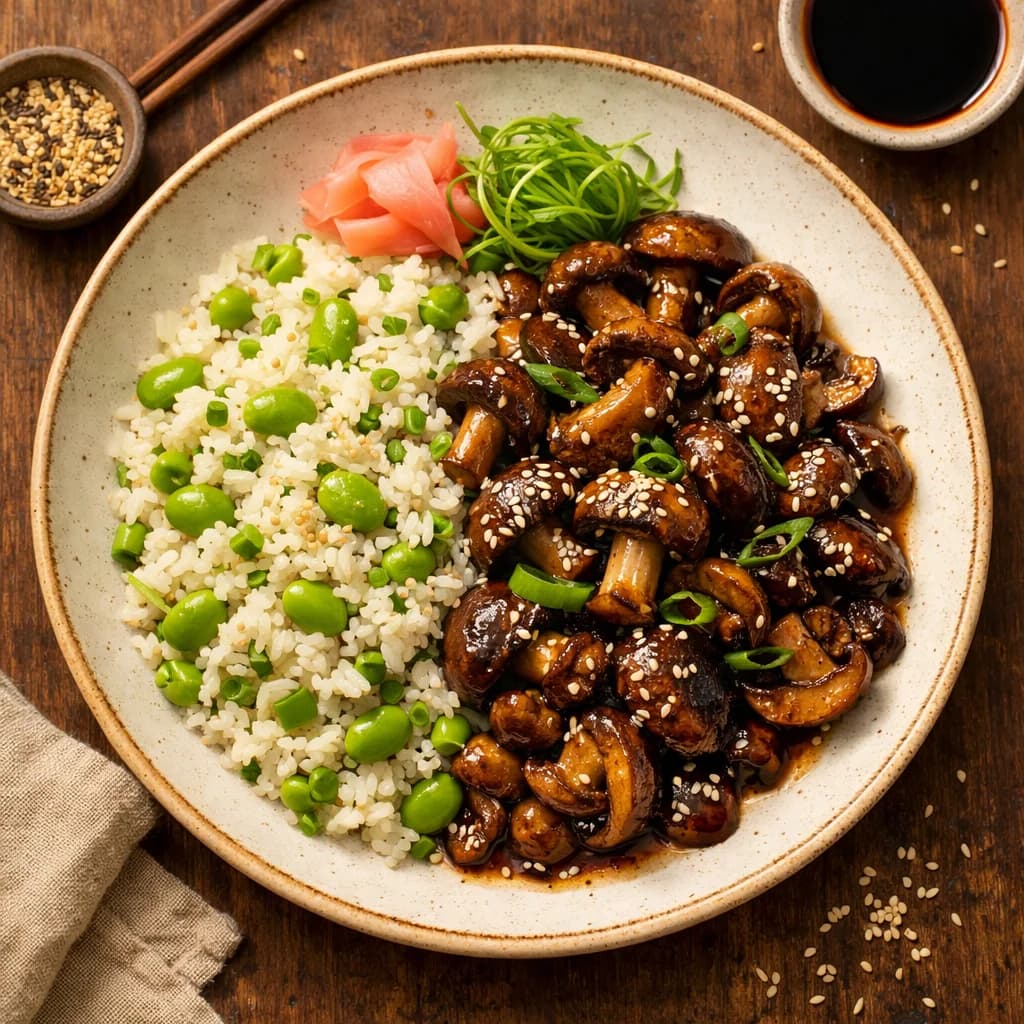Sesame-Ginger Glazed Mushrooms with Edamame Rice recipe