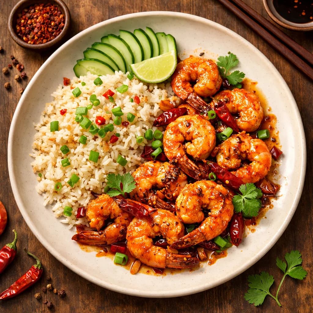 Sichuan Spiced Prawns with Garlic Rice recipe