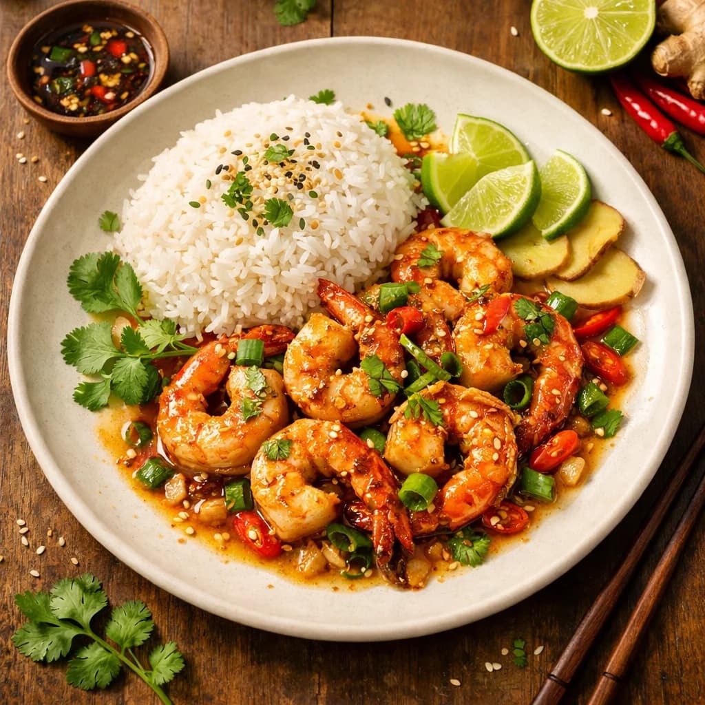 Sizzling Ginger-Lime Prawns with Jasmine Rice recipe