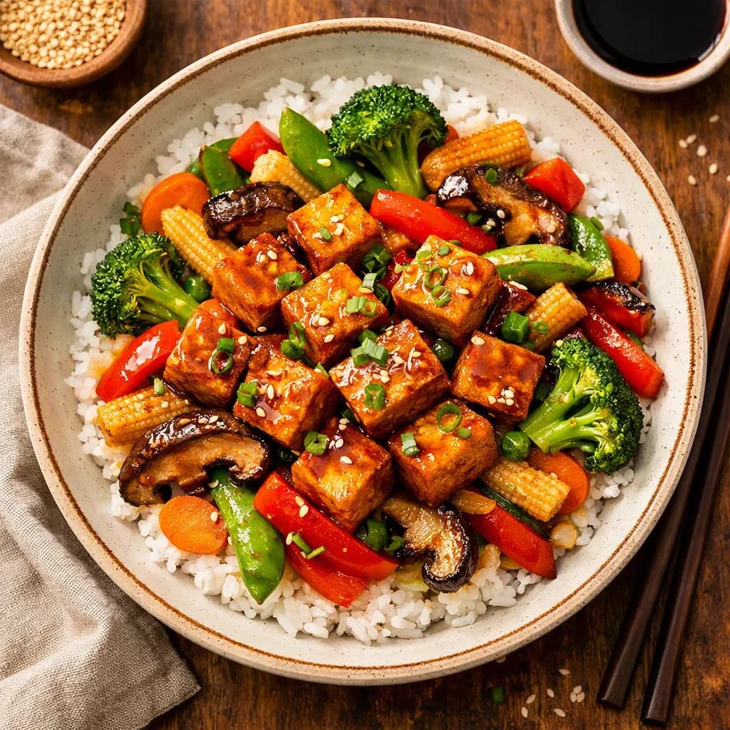 Sizzling Tofu and Vegetable Stir Fry Bowl recipe