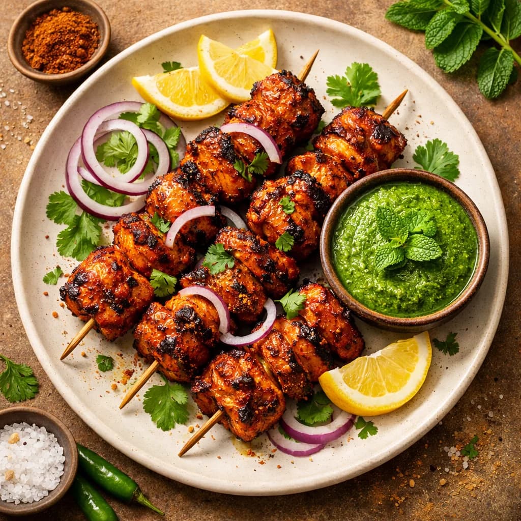 Smoky Chicken Tikka Kebabs with Mint Chutney recipe