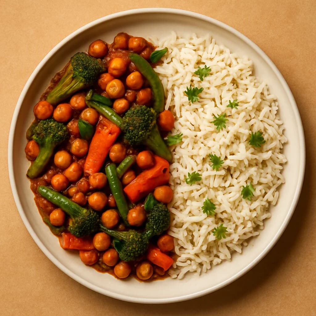 Smoky Chickpea and Vegetable Stir Fry with Jeera Rice recipe