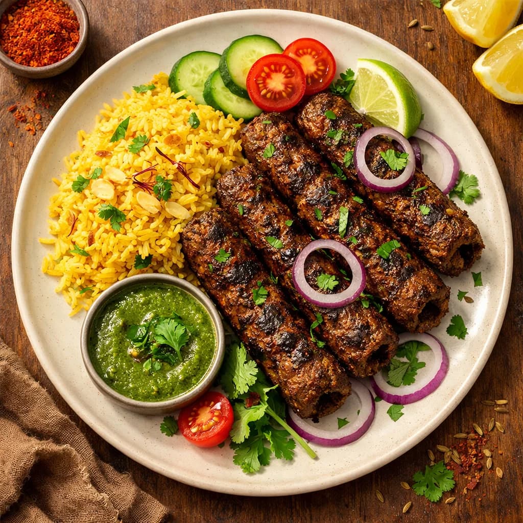 Smoky Lamb Seekh Kebabs with Saffron Rice recipe