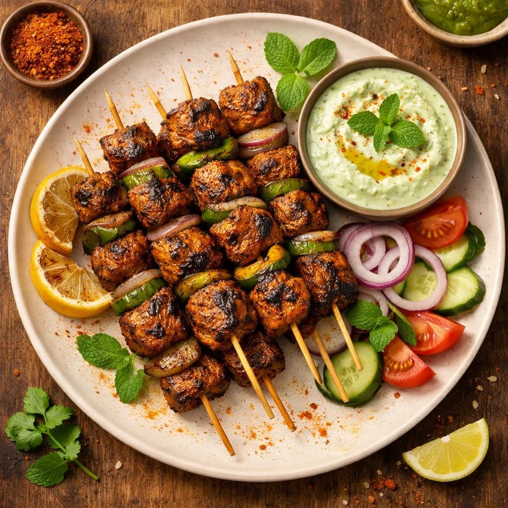 Smoky Soy Chunk Kebabs with Mint-Yogurt Dip recipe