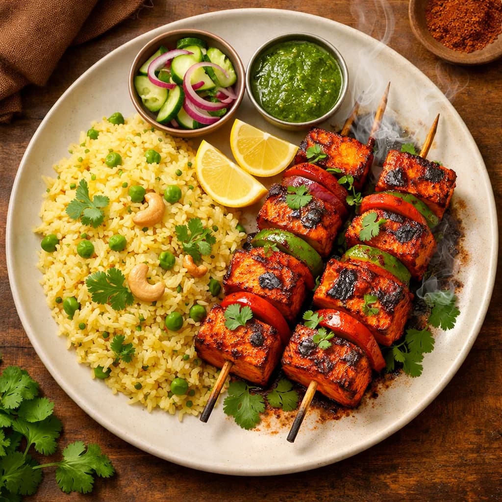 Smoky Tandoori Tofu Skewers with Lemon Rice recipe