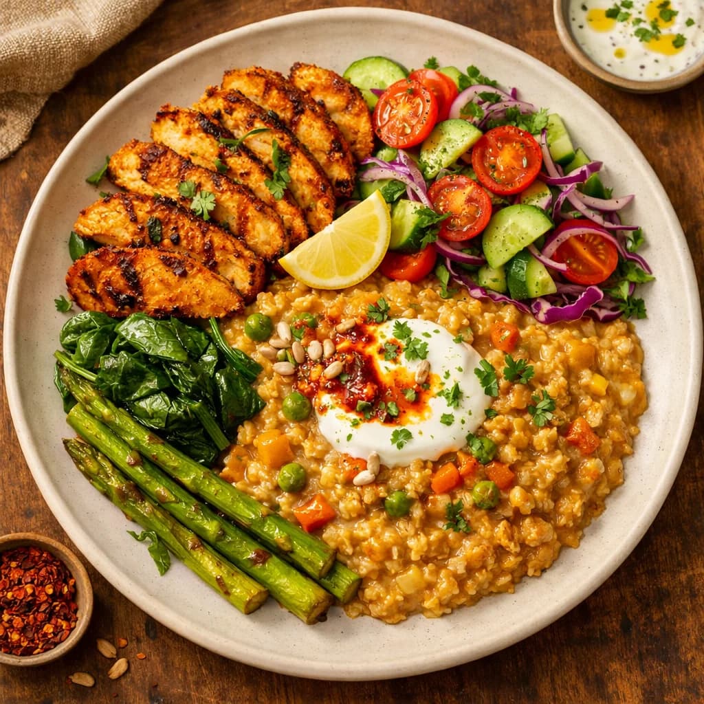 Smoky Vegetarian Mock Chicken and Masala Oats Bowl recipe