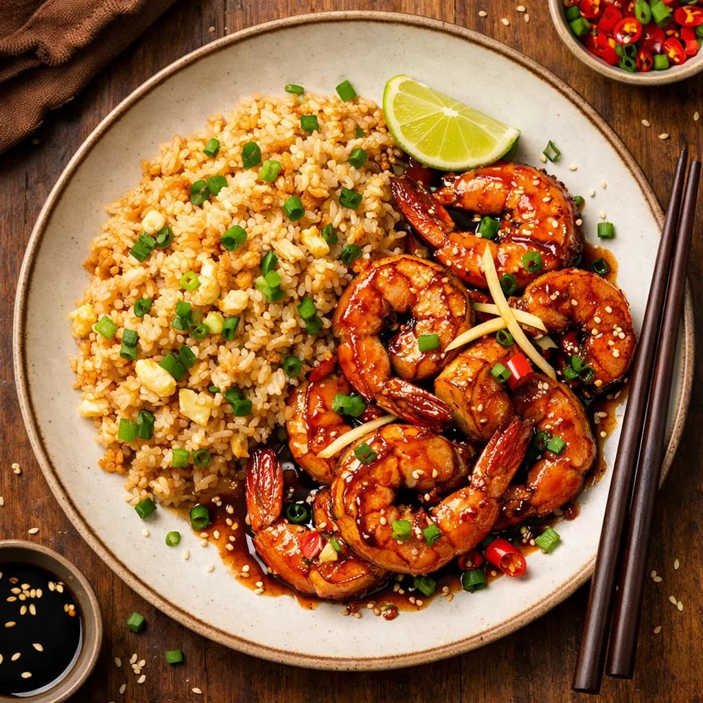 Soy-Glazed Ginger Prawns with Garlic Fried Rice recipe