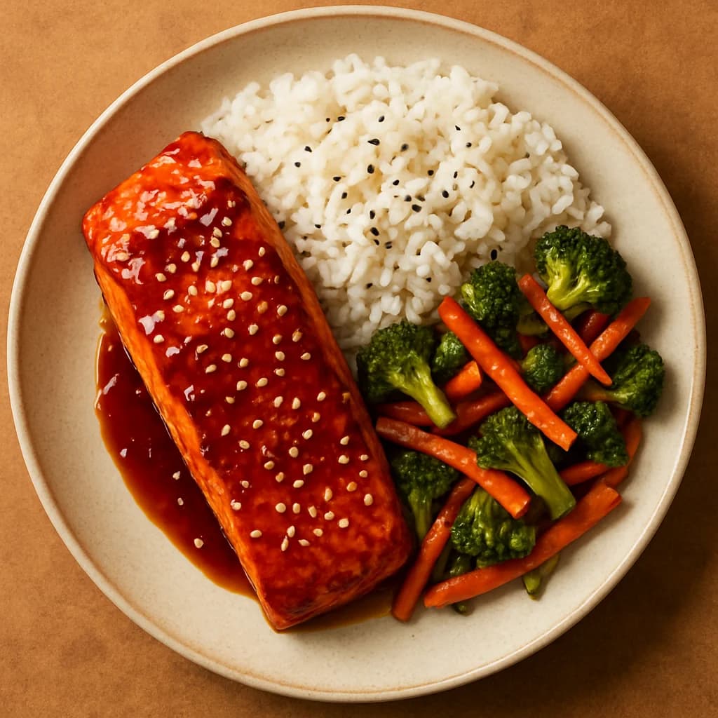 Soy-Glazed Salmon with Sesame Rice and Stir-Fried Vegetables recipe