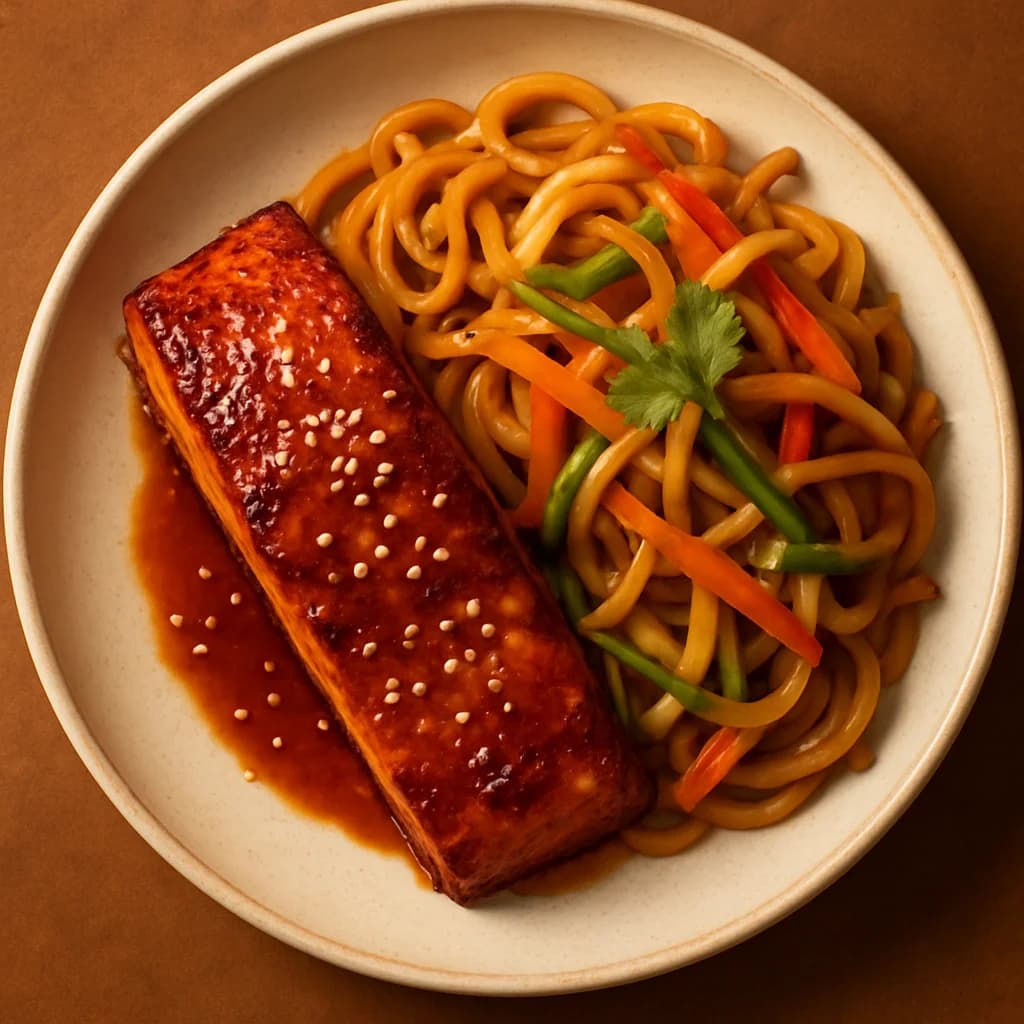 Soy Ginger Glazed Salmon with Stir Fried Udon Noodles recipe