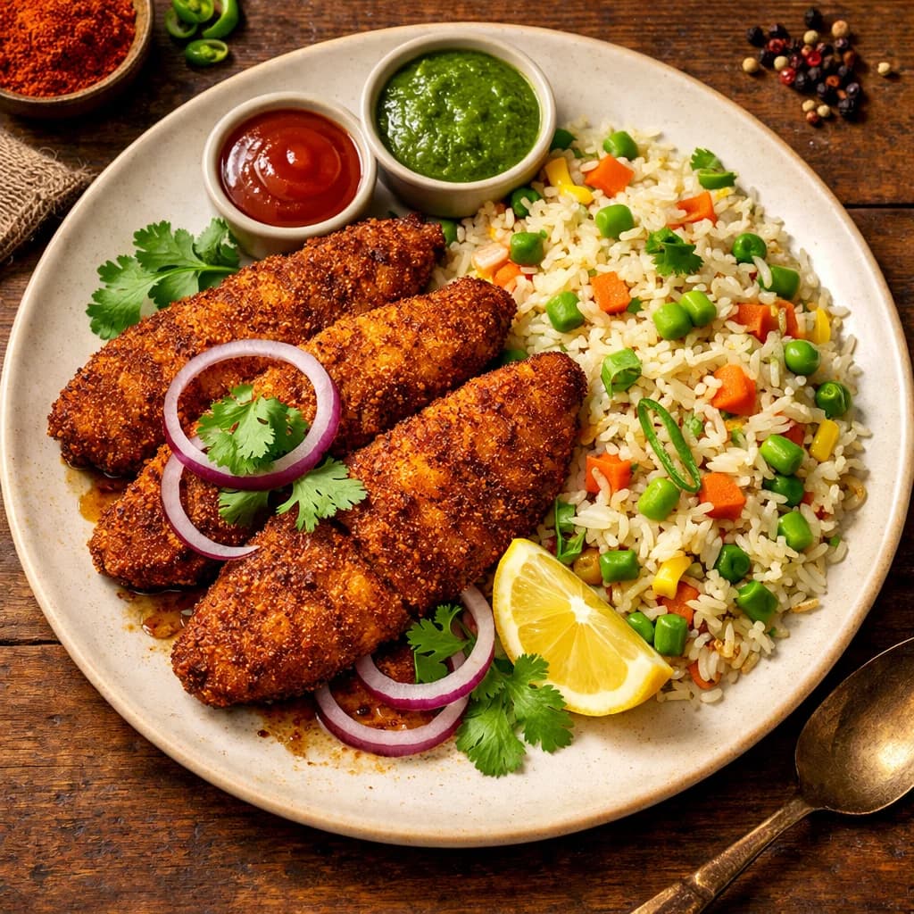 Spiced Bengali Fish Fry with Vegetable Rice recipe