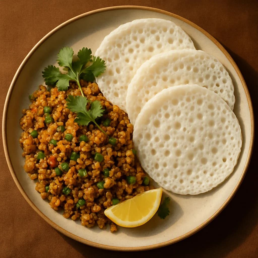 Spiced Chicken Keema with Rice Pancakes recipe