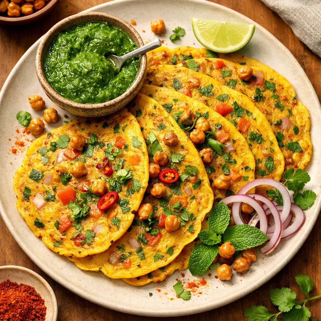 Spiced Chickpea Pancakes with Mint Chutney recipe
