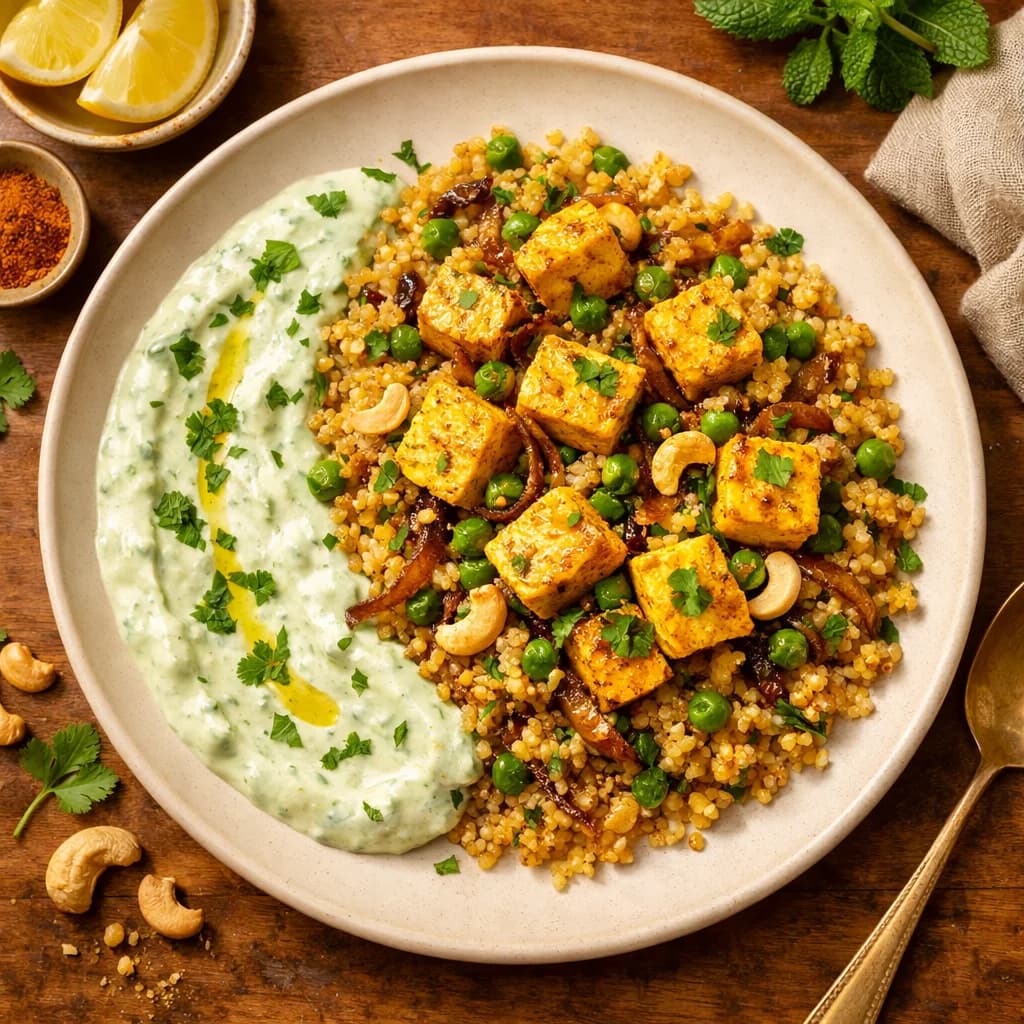 Spiced Egg and Pearl Millet Pulao with Cashew Yogurt Mint Sauce recipe