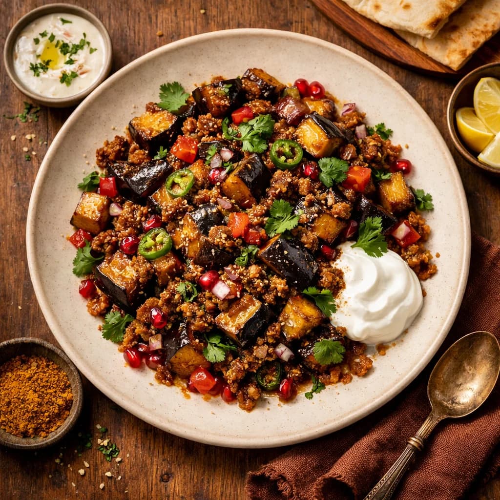 Spiced Eggplant and Minced Lamb Stir Fry recipe