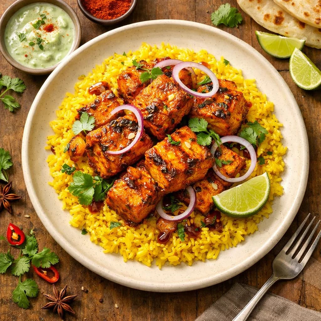 Spiced Fish Tikka with Turmeric Rice recipe