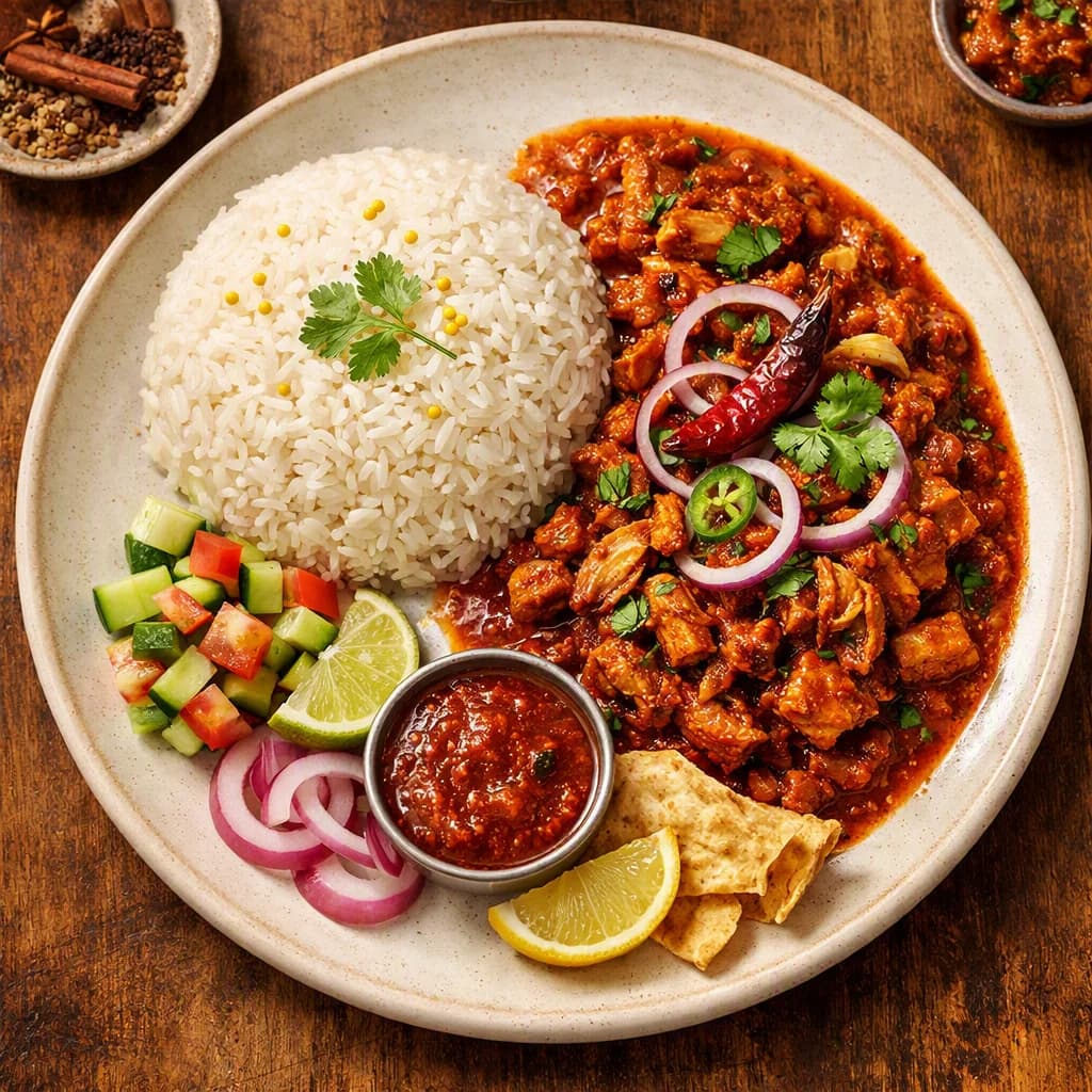 Spiced Jackfruit Kolhapuri with Steamed Ambe Mohar Rice recipe