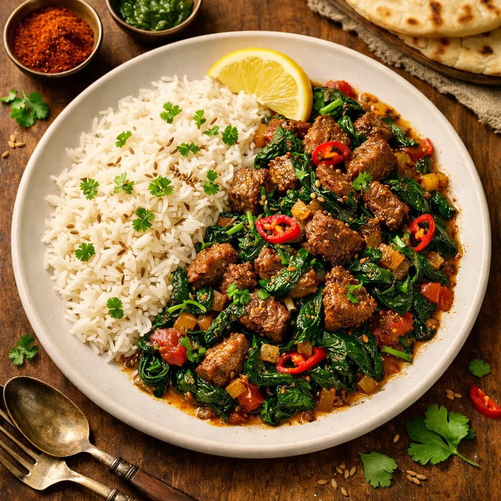 Spiced Lamb and Spinach Stir Fry with Basmati Rice recipe