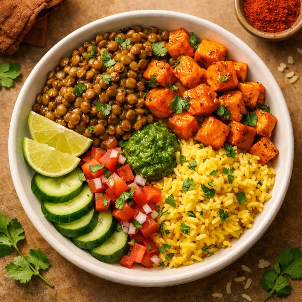 Spiced Lentil and Sweet Potato Rice Bowl recipe