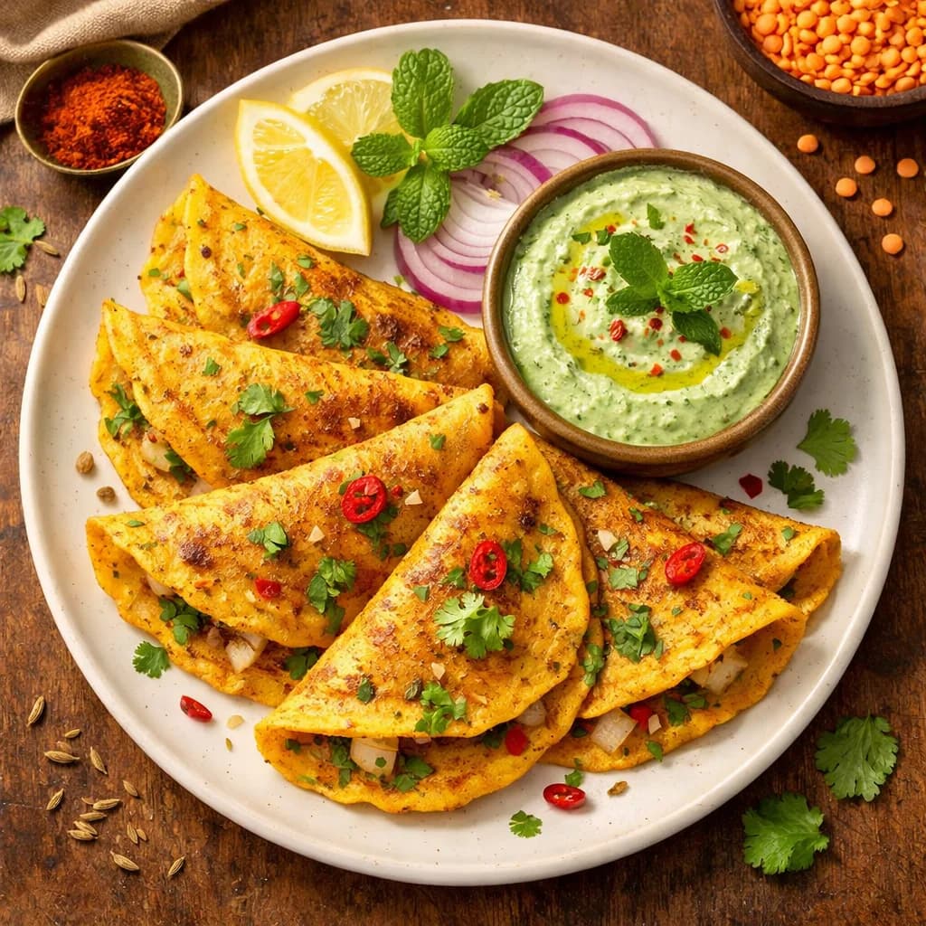 Spiced Masoor Dal Chilla with Mint Dip recipe