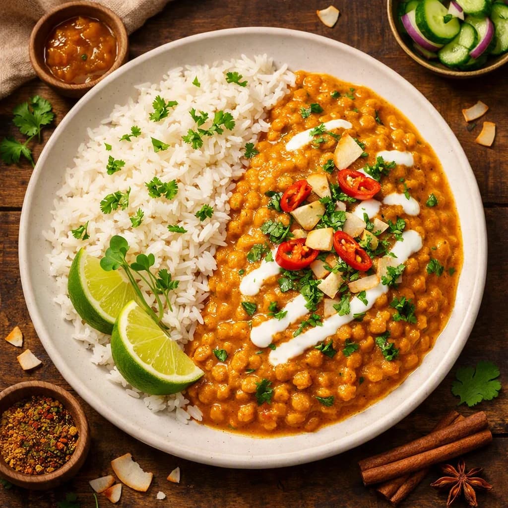 Spiced Masoor Lentil and Coconut Curry with Steamed Rice recipe