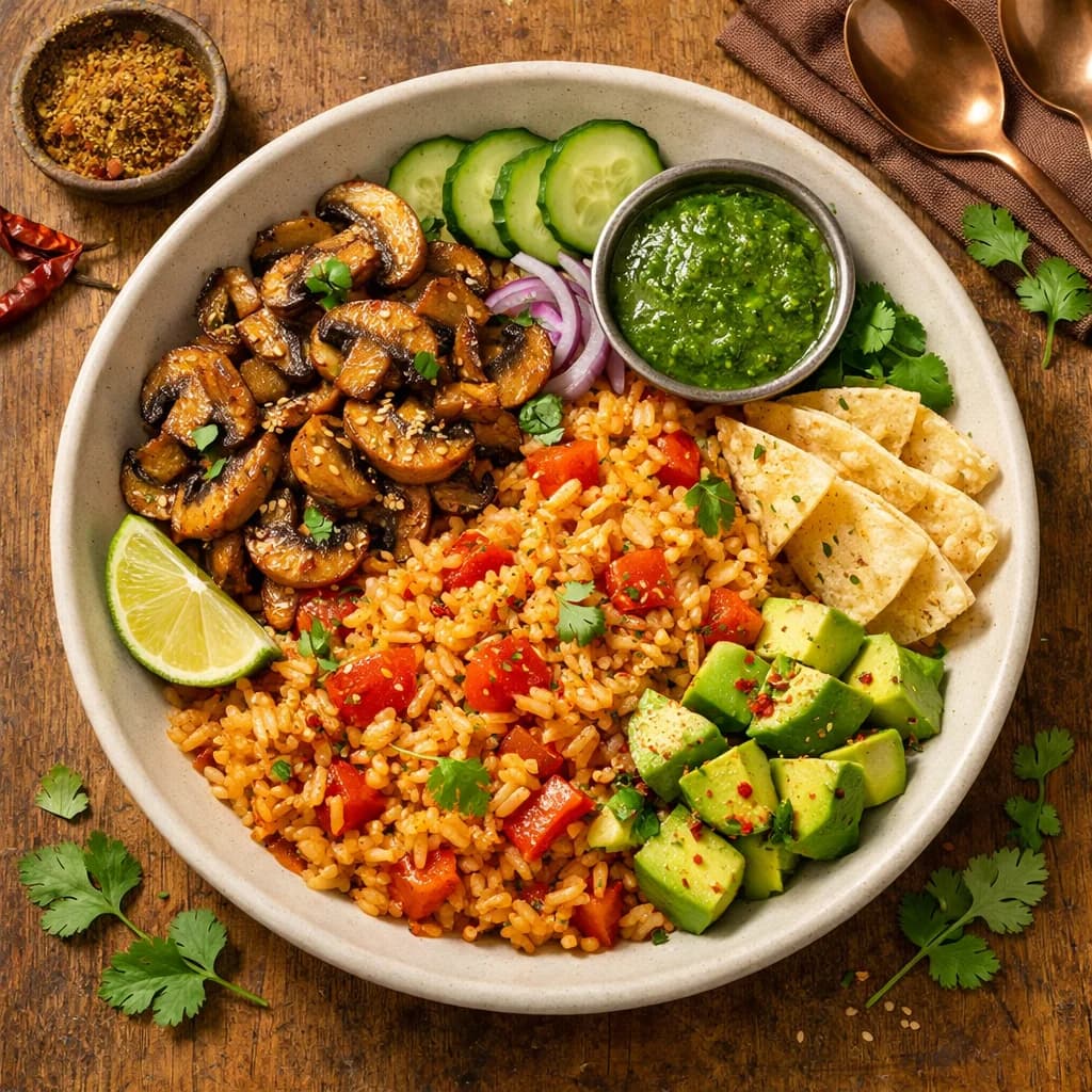 Spiced Mushroom and Tomato Rice Bowl recipe