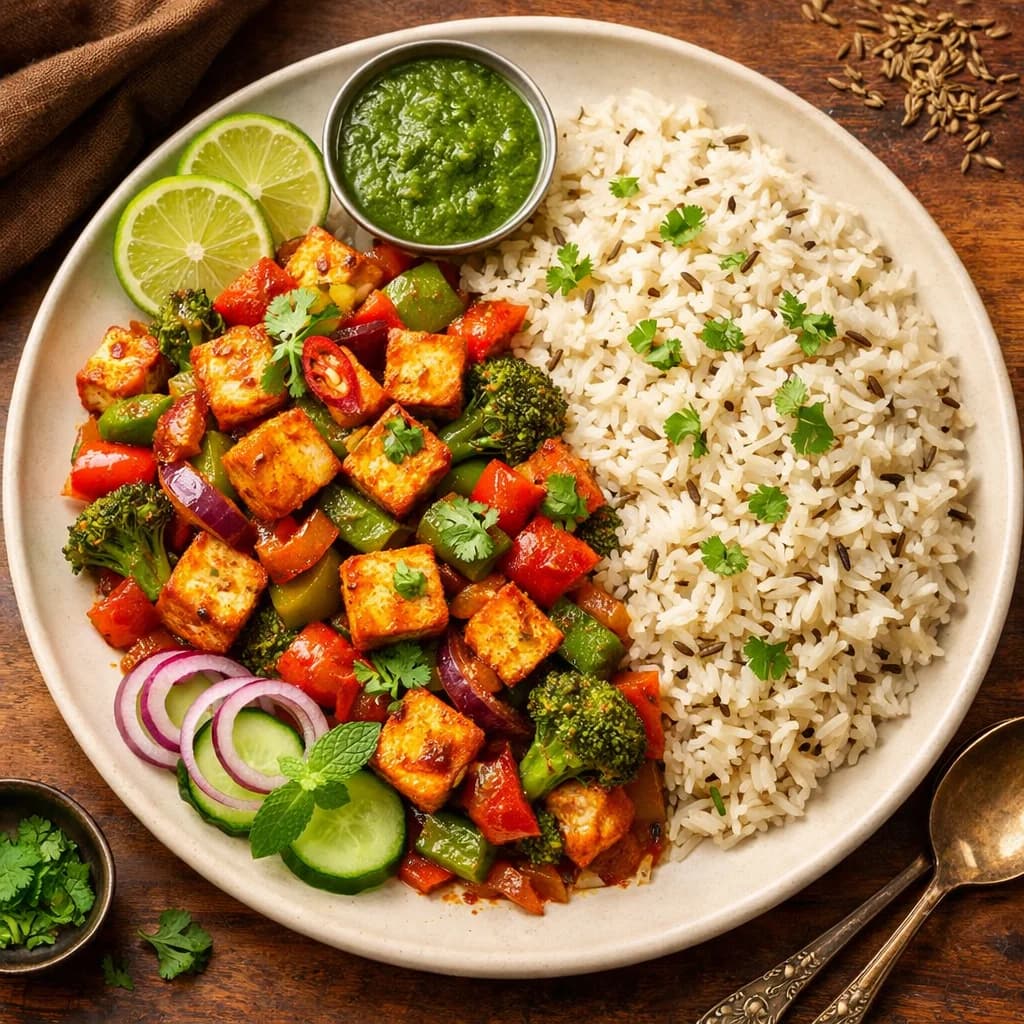 Spiced Tofu and Vegetable Fry with Jeera Rice recipe