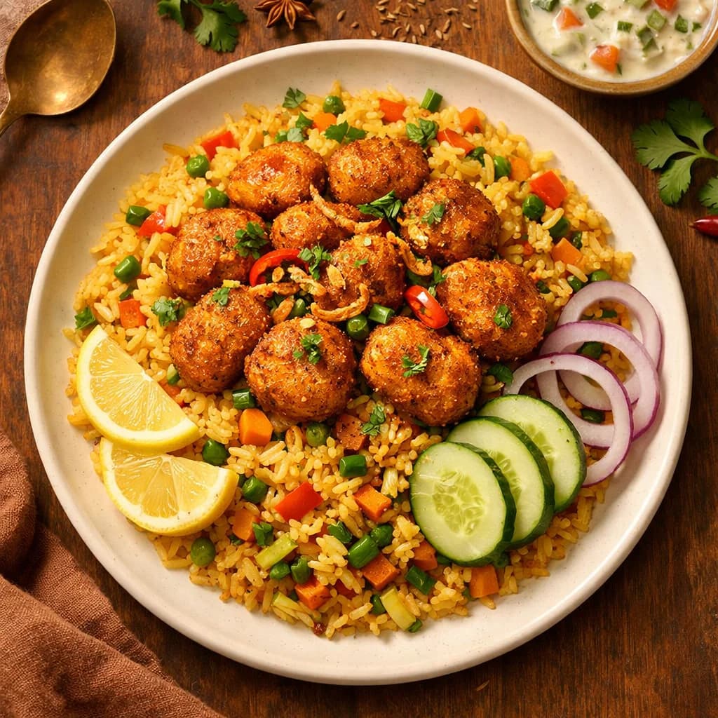 Spiced Vegetable Rice with Crispy Soy Nuggets recipe