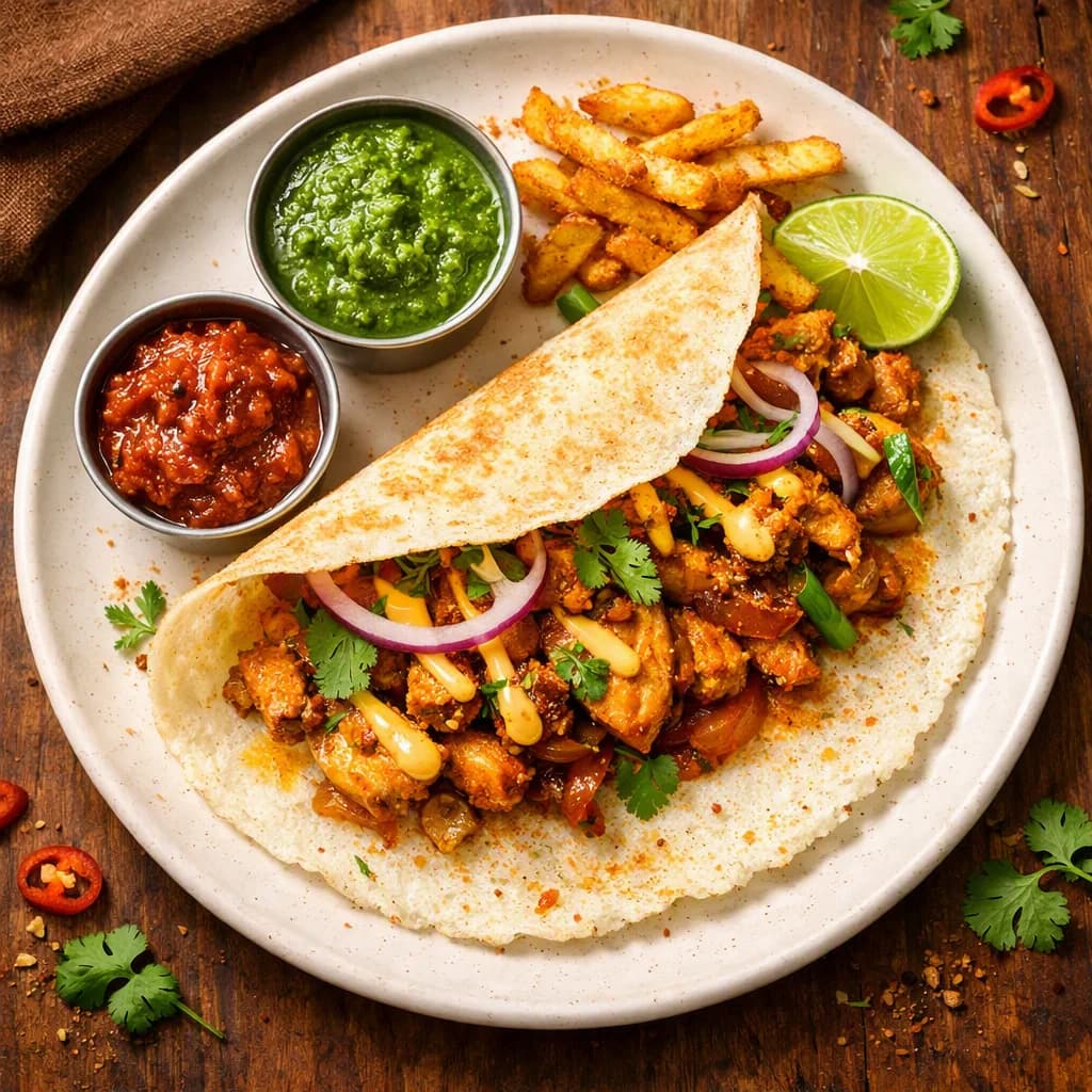 Spicy Chicken and Rice Flour Dosa Wrap recipe