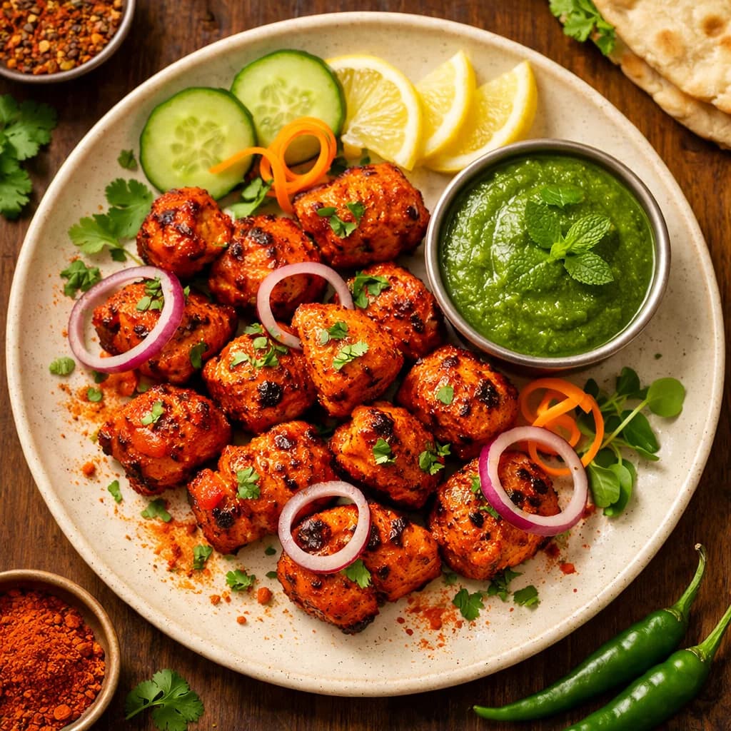 Spicy Chicken Tikka Bites with Mint Chutney recipe