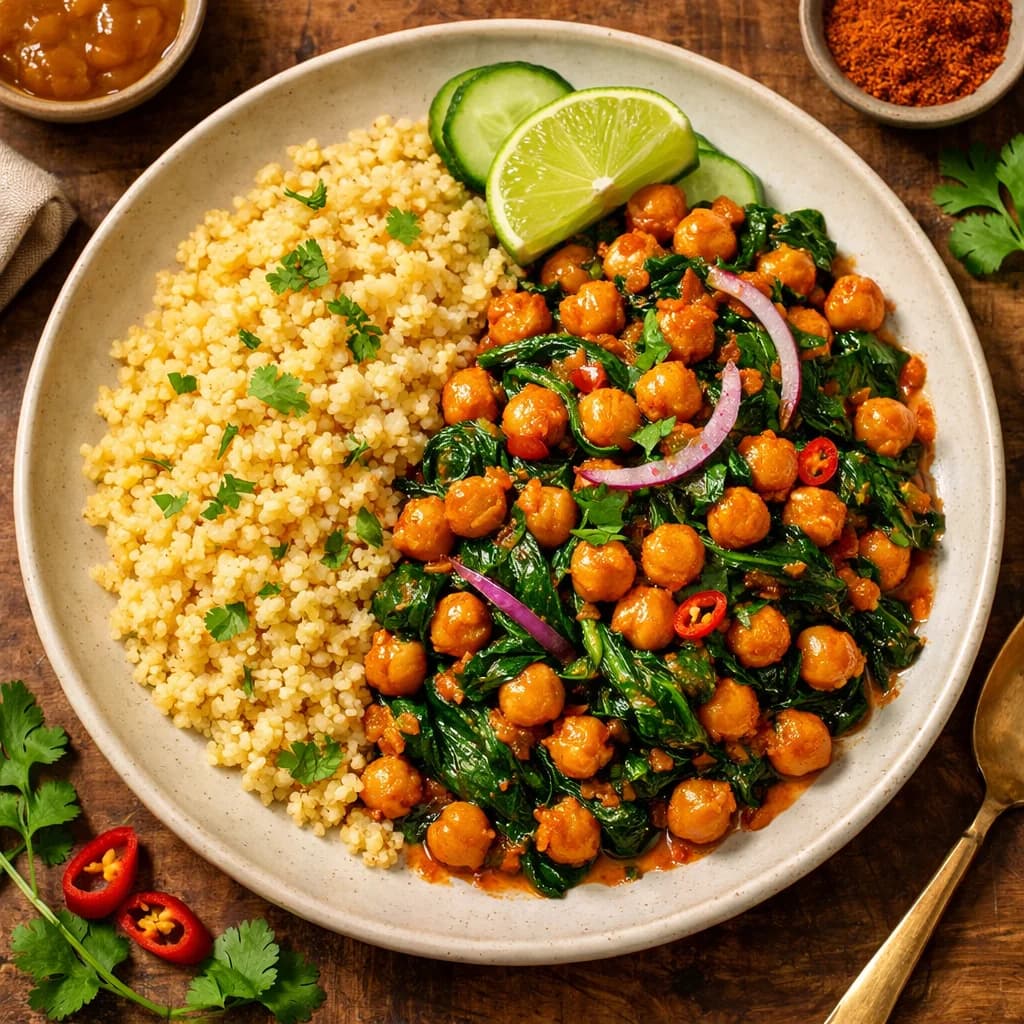 Spicy Chickpea and Spinach Stir Fry with Millet recipe