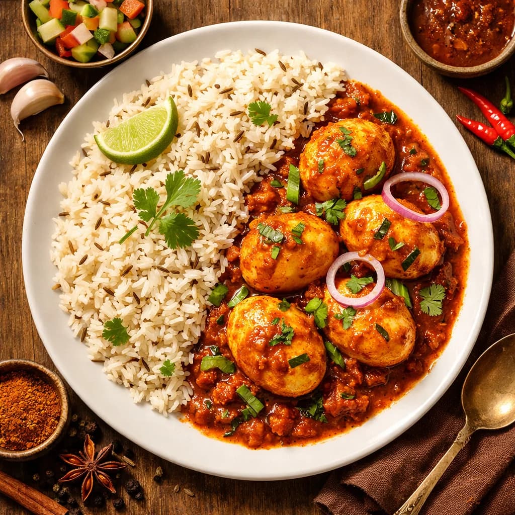 Spicy Egg Masala with Jeera Rice recipe