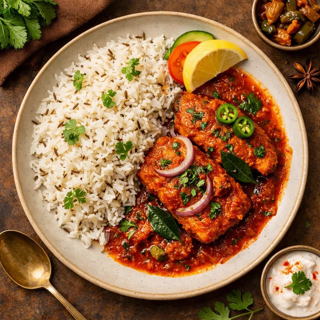 Spicy Fish Masala with Jeera Rice recipe