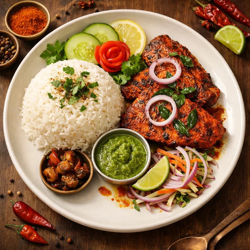 Spicy Fish Tawa Fry with Steamed Rice recipe