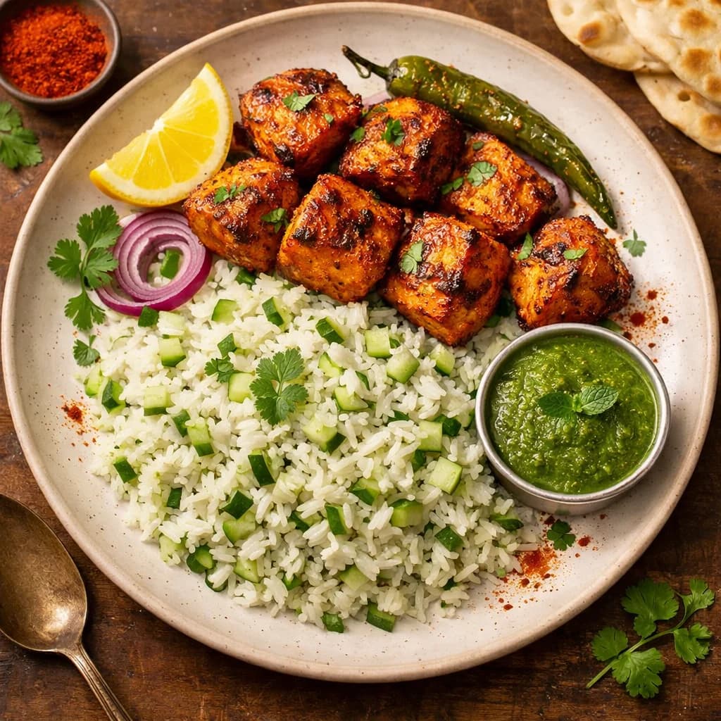 Spicy Fish Tikka with Minted Cucumber Rice recipe