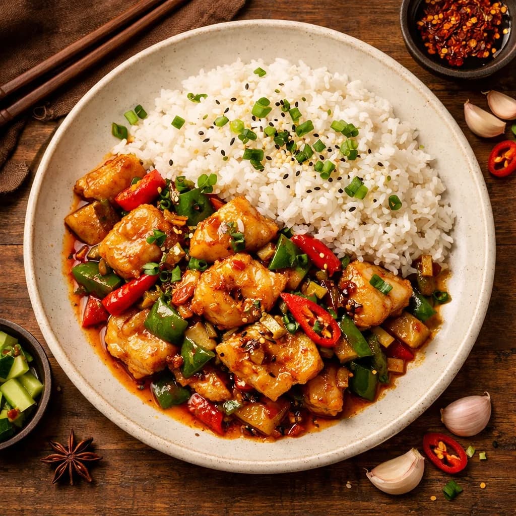 Spicy Garlic Fish Stir-Fry with Rice recipe