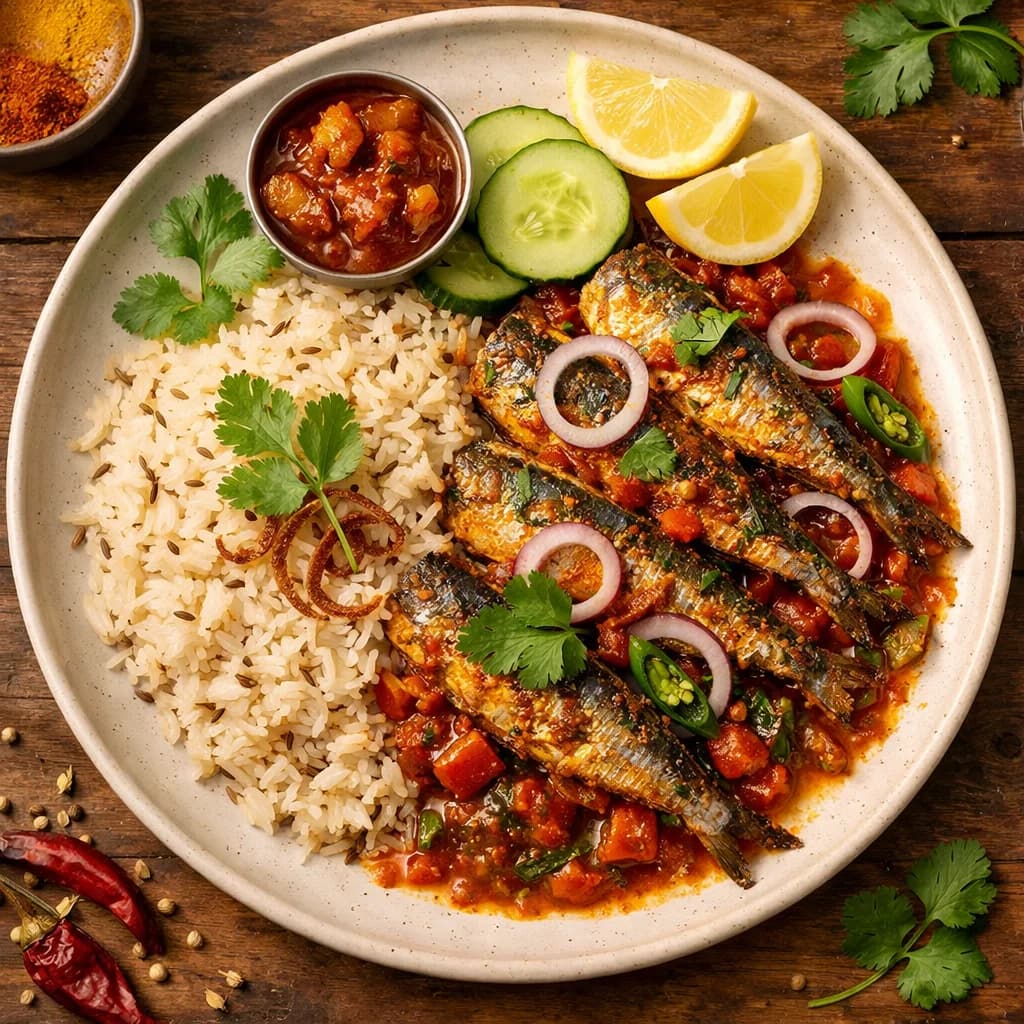 Spicy Sardine Masala with Cumin Rice recipe