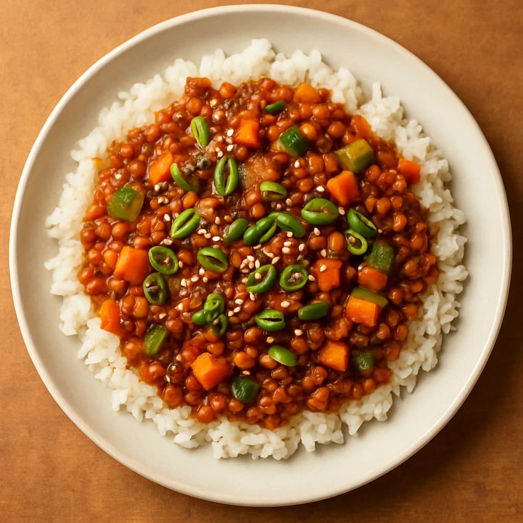 Sweet and Spicy Korean Lentil Rice Skillet recipe