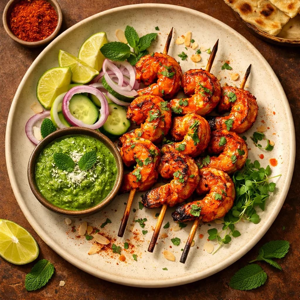 Tandoori Prawn Skewers with Coconut Mint Chutney recipe